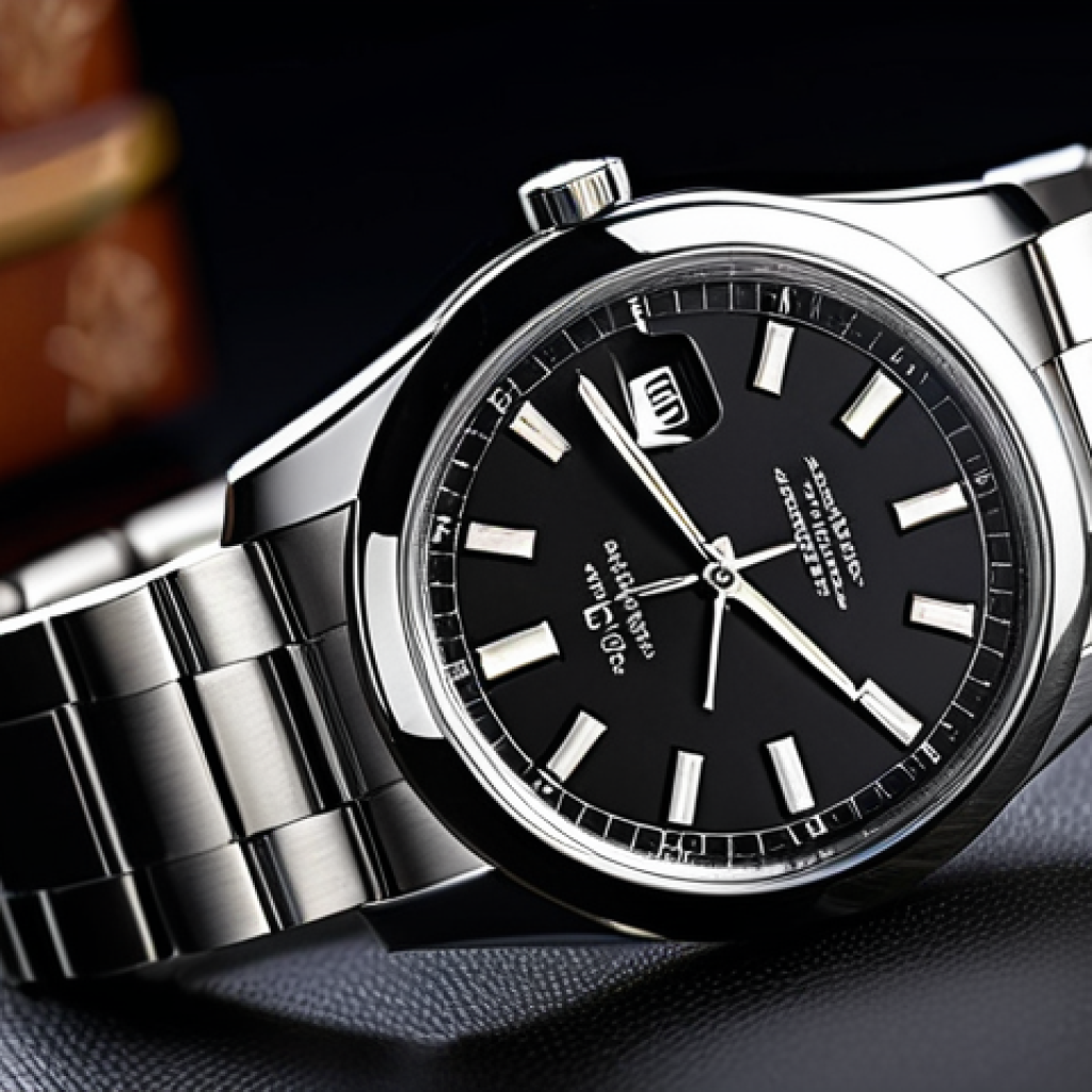 **

A close-up shot of a classic stainless steel watch strap, showcasing its durability and elegance. The strap is attached to a sophisticated watch face. The background is a blurred image of a formal business setting. fully clothed, appropriate attire, safe for work, perfect anatomy, natural proportions, professional photography, high quality

**